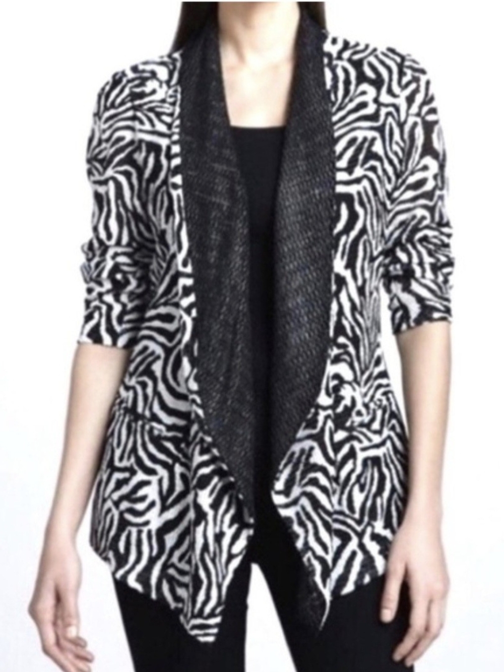 Mona Leah Couture Black & White Zebra Print Open-Front Sweater Cardigan XL